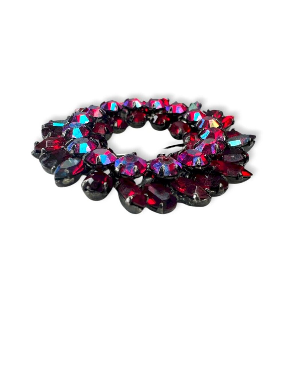 Sherman Vintage Siam Red AB Rhinestone Japanned Wreath Brooch Pin 1.61" Flaw - Picture 11 of 14